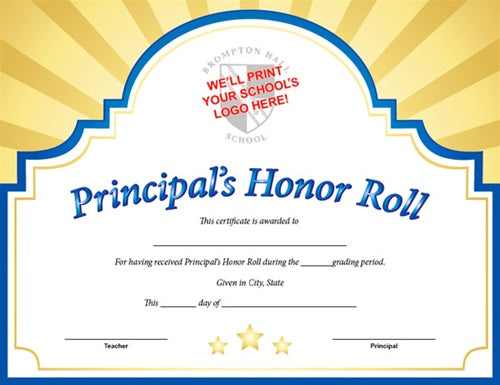 Sunburst Custom Certificate - Principal's Honor Roll in Blue