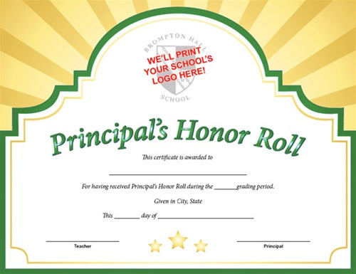 Sunburst Custom Certificate - Principal's Honor Roll in Green