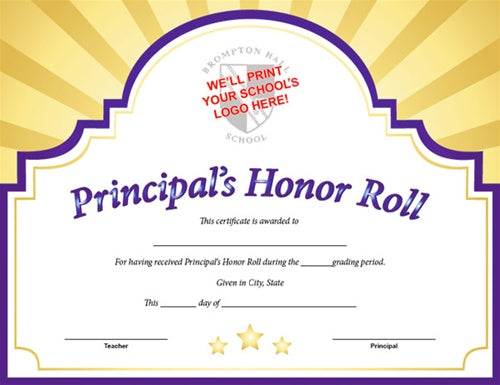 Sunburst Custom Certificate - Principal's Honor Roll in Purple