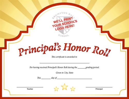 Sunburst Custom Certificate - Principal's Honor Roll in Red