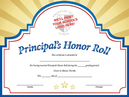 Sunburst Custom Certificate - Principal's Honor Roll in Red, White & Blue