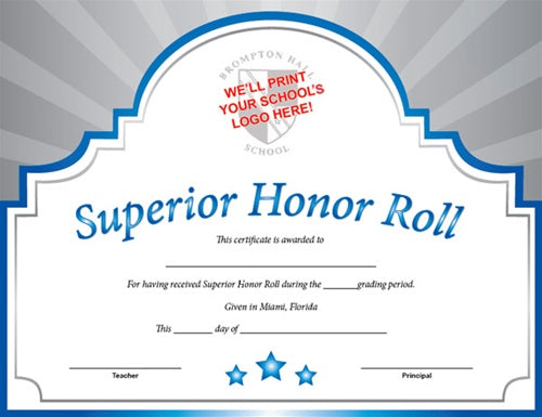 Sunburst Custom Certificate - Superior Honor Roll in Blue