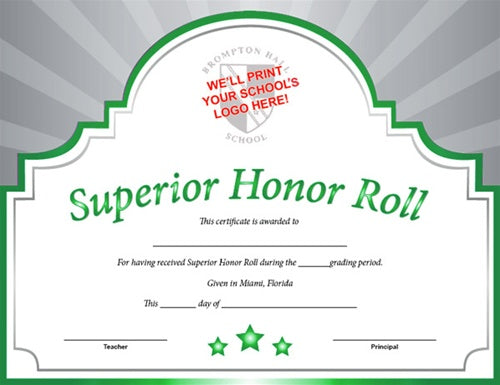 Sunburst Custom Certificate - Superior Honor Roll in Green