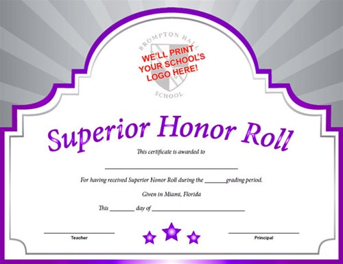 Sunburst Custom Certificate - Superior Honor Roll in Purple