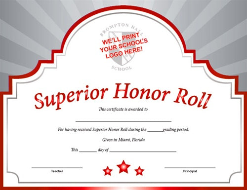 Sunburst Custom Certificate - Superior Honor Roll in Red
