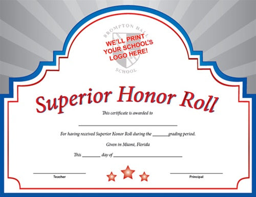 Sunburst Custom Certificate - Superior Honor Roll in Red, White & Blue