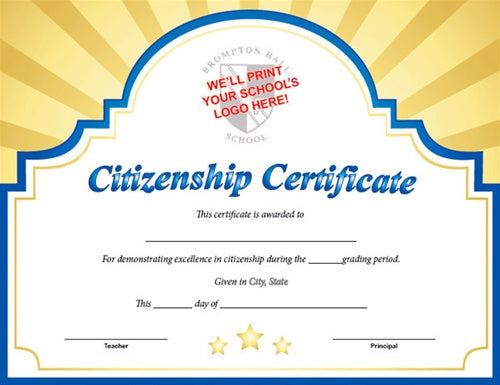 Sunburst Custom Certificate - Citizenship in Blue/Gold