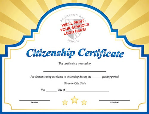 Sunburst Custom Certificate - Citizenship in Blue/Gold