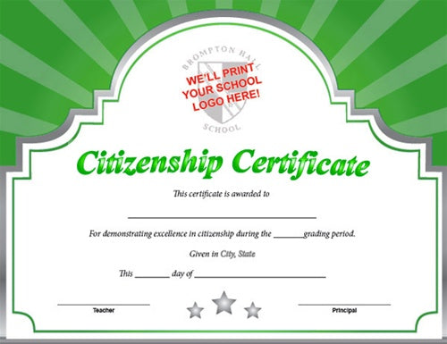 Sunburst Custom Certificate - Citizenship in Green/Silver
