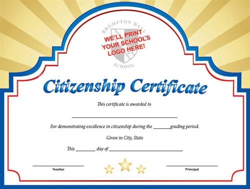 Sunburst Custom Certificate - Citizenship in Red, White & Blue / Gold