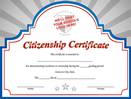 Sunburst Custom Certificate - Citizenship in Red, White & Blue / Silver