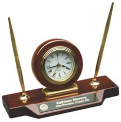 Piano Wood Desk Clock with Double Pens - Burgundy